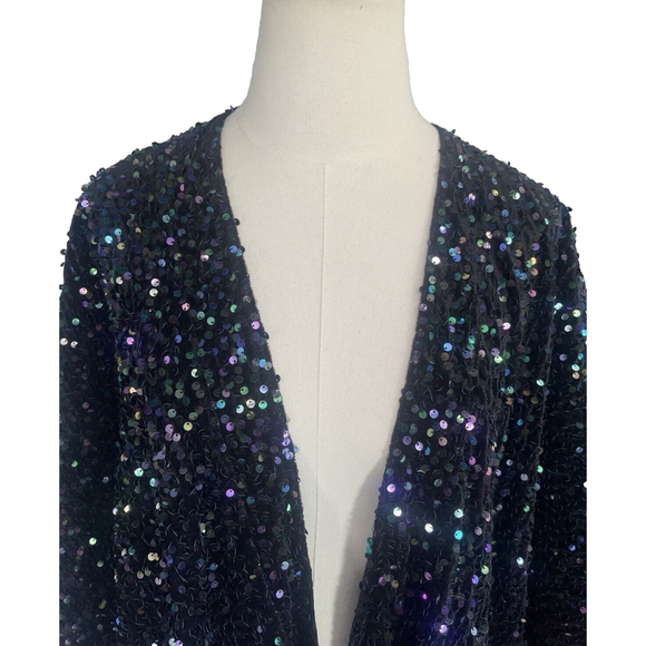 New Torrid Womens Black Sequined Ruana Wrap Cover Up Kimono OSFM Velvet Satin - Picture 6 of 17